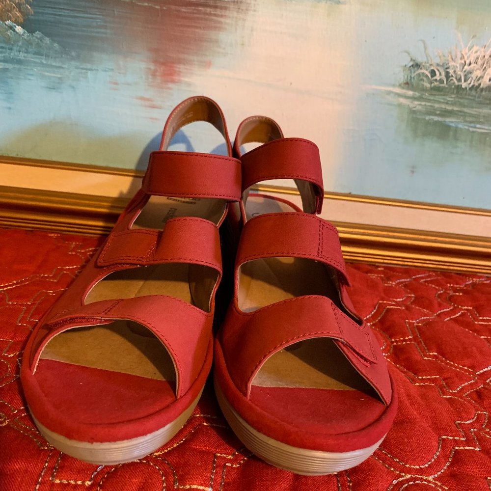 Clarks Red Suede Wedge Sandals - Picture 2 of 12